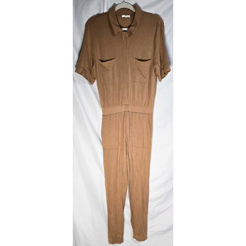 Skin Jumpsuit Tan Jersey Knit Soft Pockets Snaps
